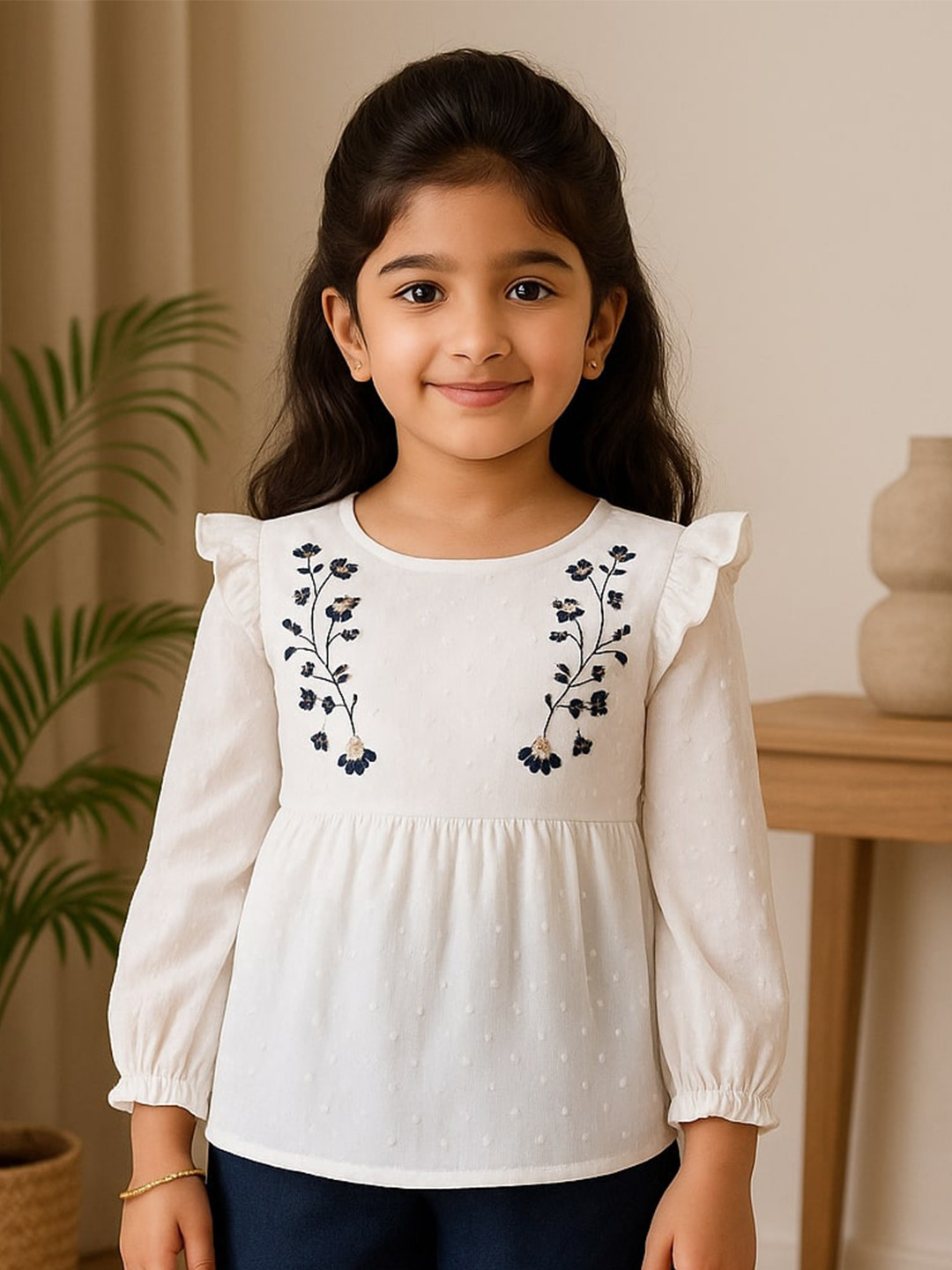 Miyo Girls White Embroidered Cuffed Sleeve Blouson Top