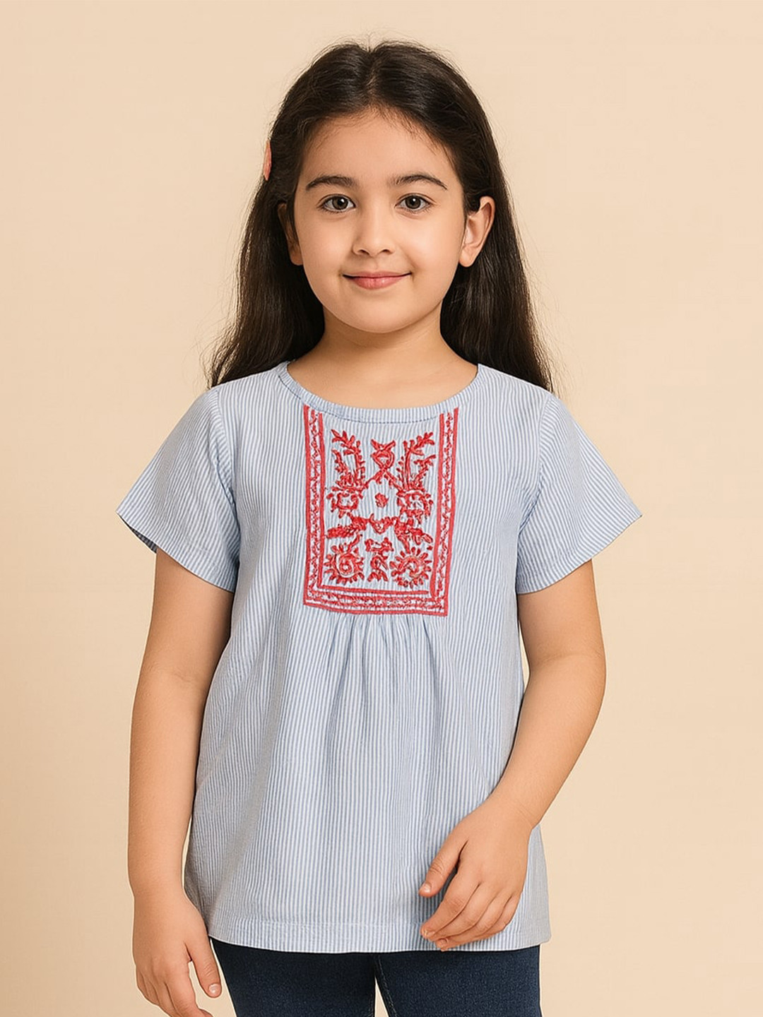 Miyo Blue & Red Striped Regular Top