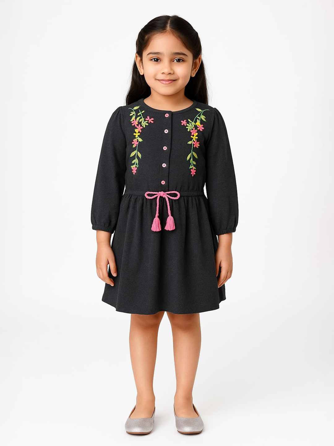 Miyo Girls Charcoal & Pink Floral Embroidered Drop-Waist Dress
