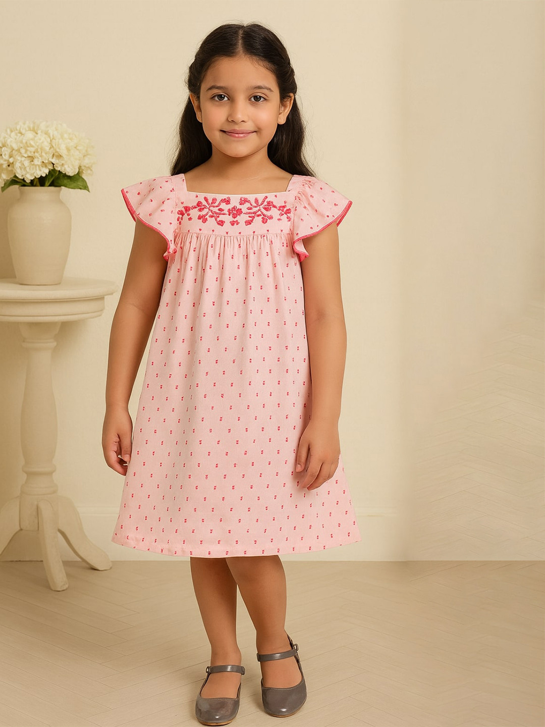 Miyo Pink & Silver-Toned Floral Dobby A-Line Dress