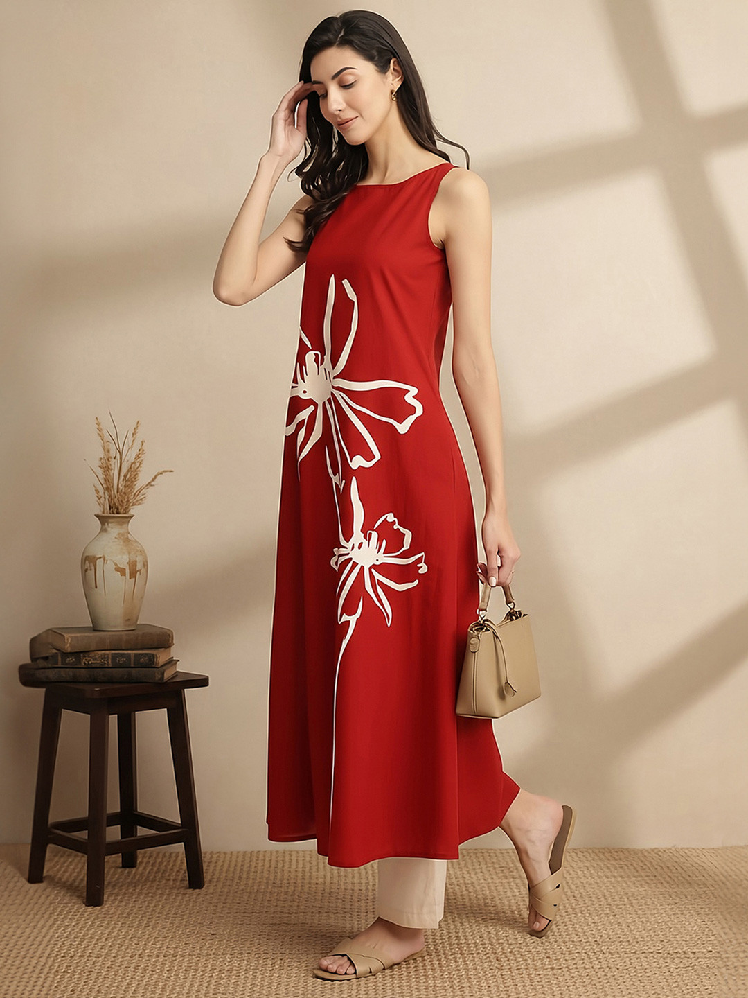 Pink Fort Women Floral Printed Cotton A-Line Kurta with Palazzo