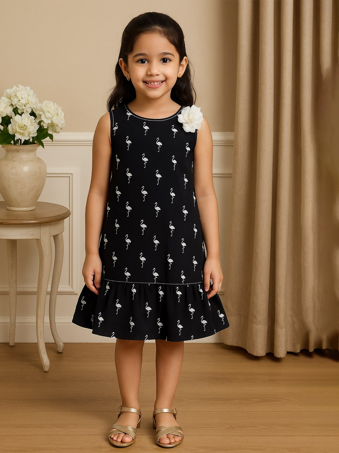 Miyo Girls Black & White Printed A-Line Dress