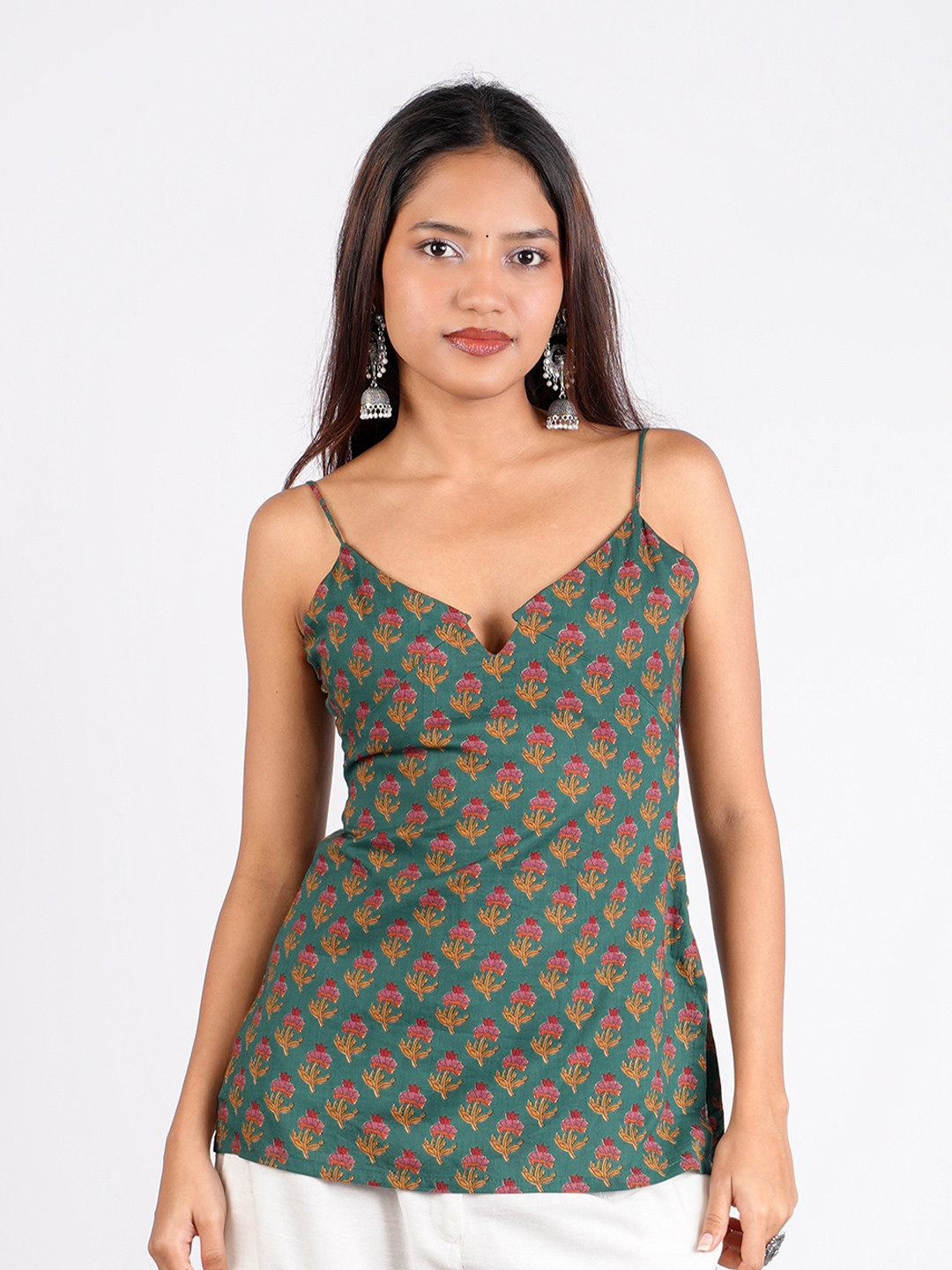 NISHORAMA Ethnic Motifs Printed Shoulder Straps Sleeveless Pure Cotton A-Line Kurti