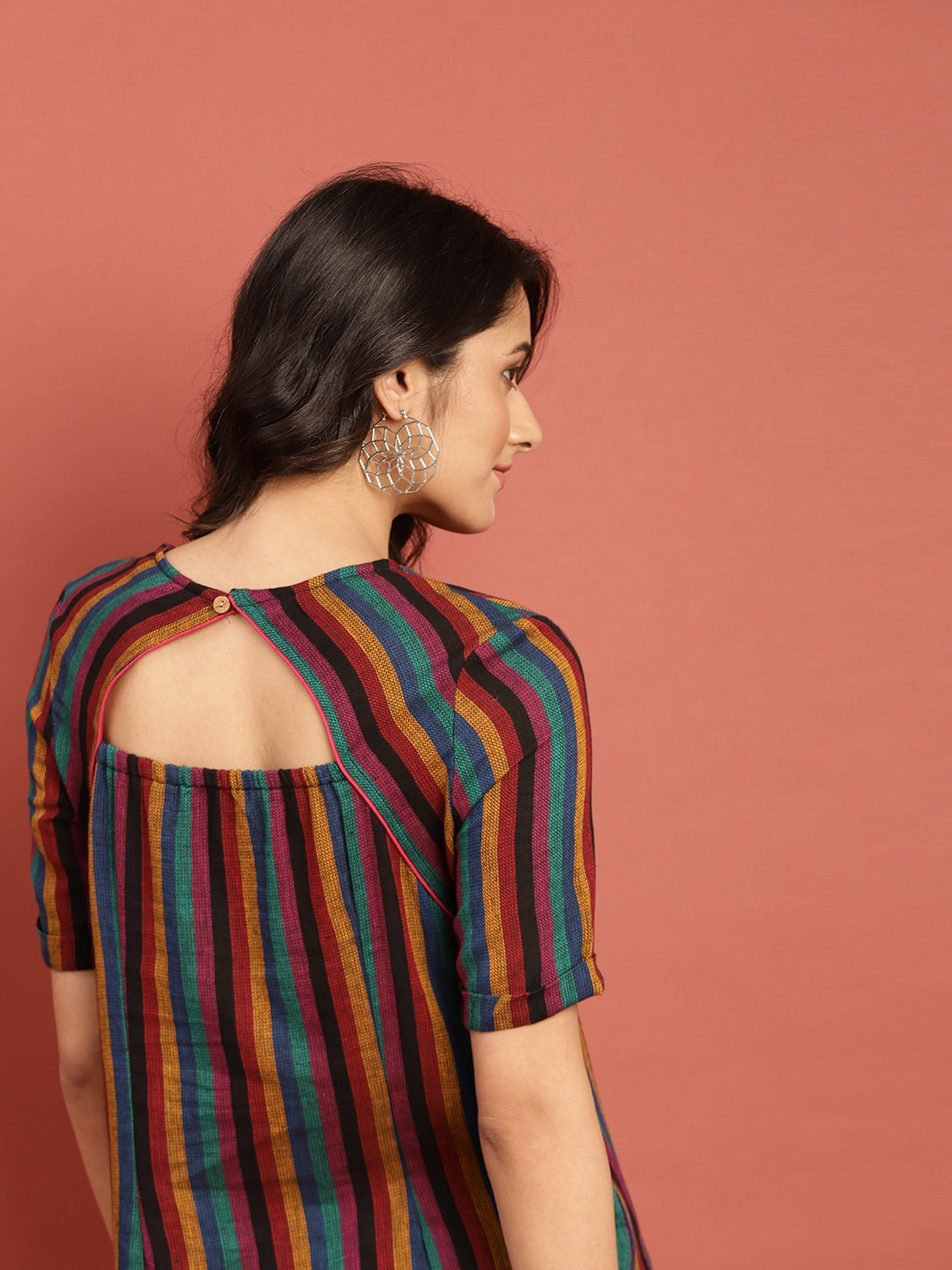 Taavi X fwd Women Multicoloured Striped Woven Legacy Straight High-Low Kurta with Styled Back