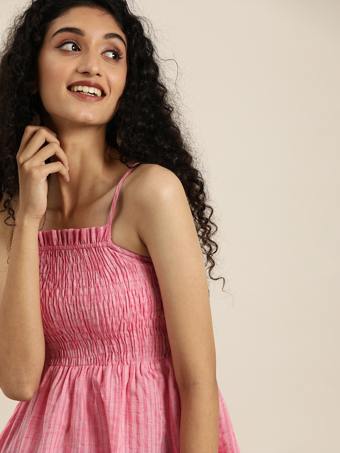 Taavi X fwd Pink Striped Woven Legacy A-Line Cotton Top with Smocking Detail