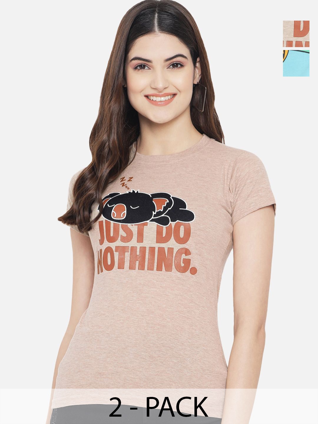 

Dreambe Women Pack Of 2 Typography Printed Round Neck Cotton T-shirts, Mauve