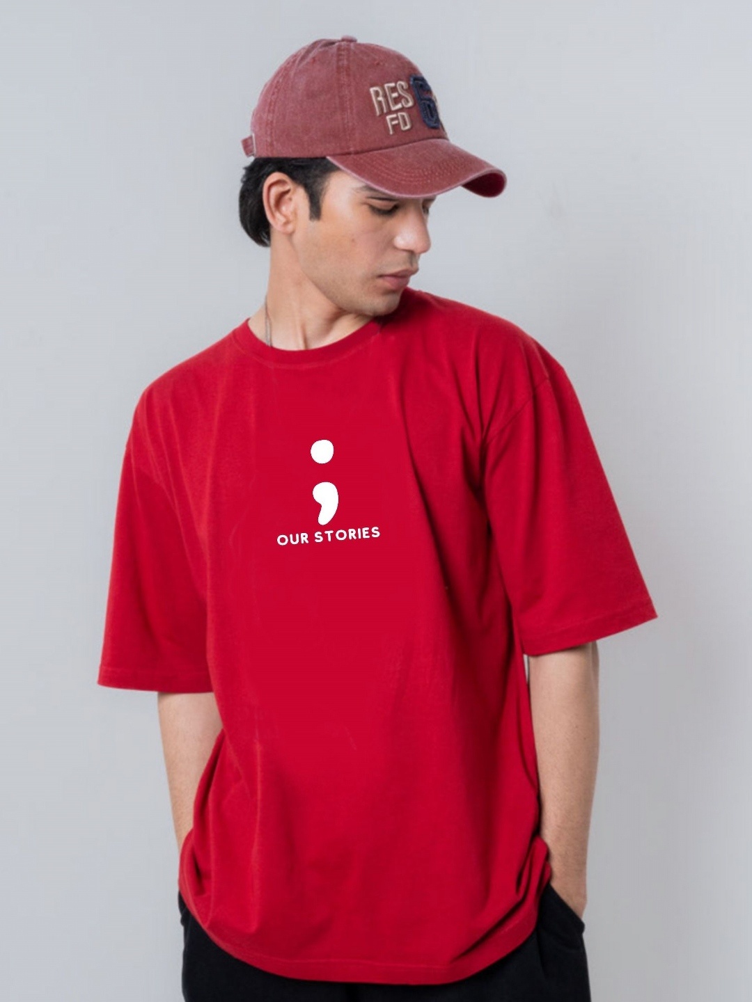 

TheBTclub Men Activchill Typography Printed Round Neck Cotton Oversized T-shirt, Red