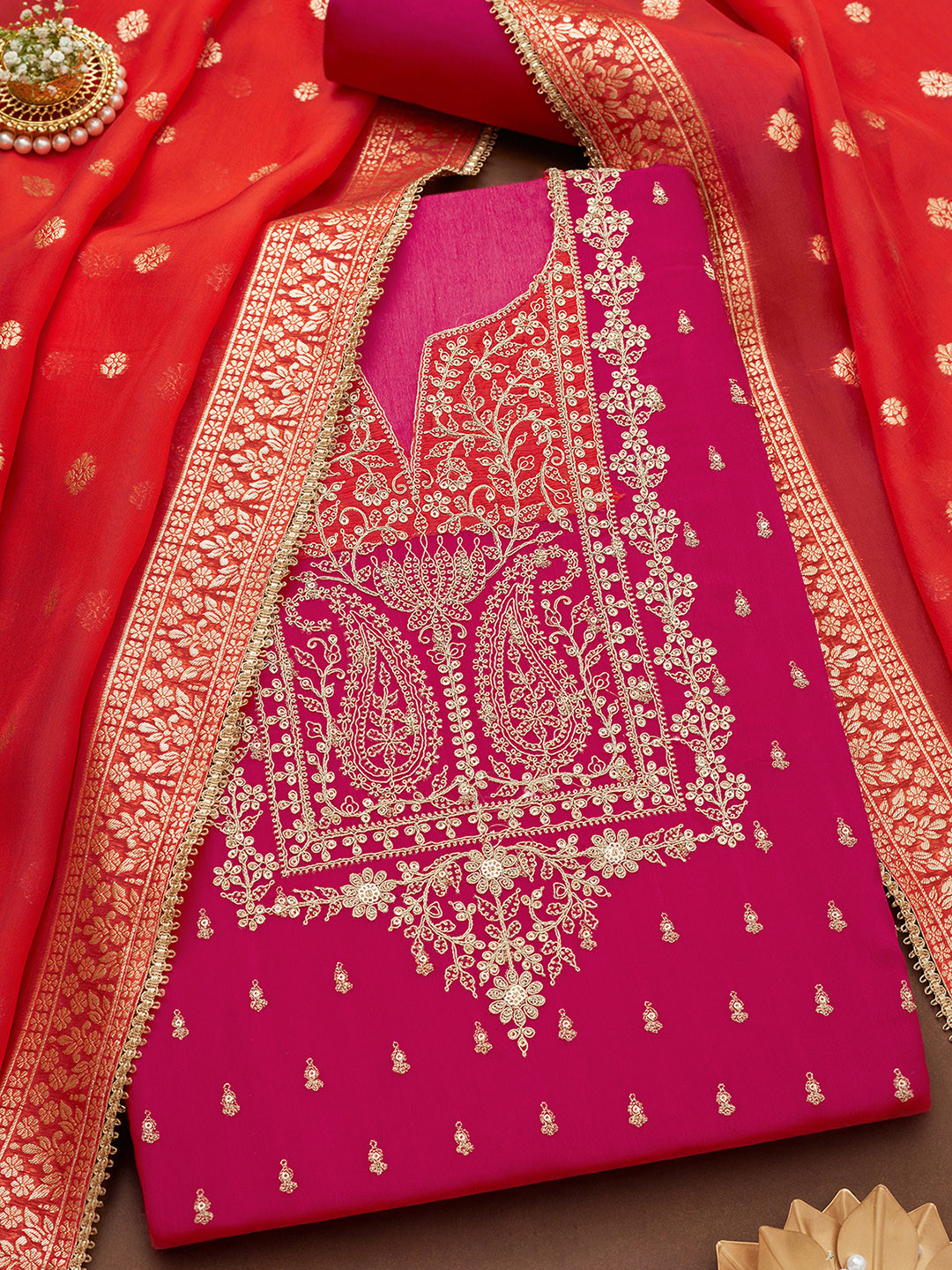 

Soch Floral Embroidered Sequinned Unstitched Dress Material, Fuchsia