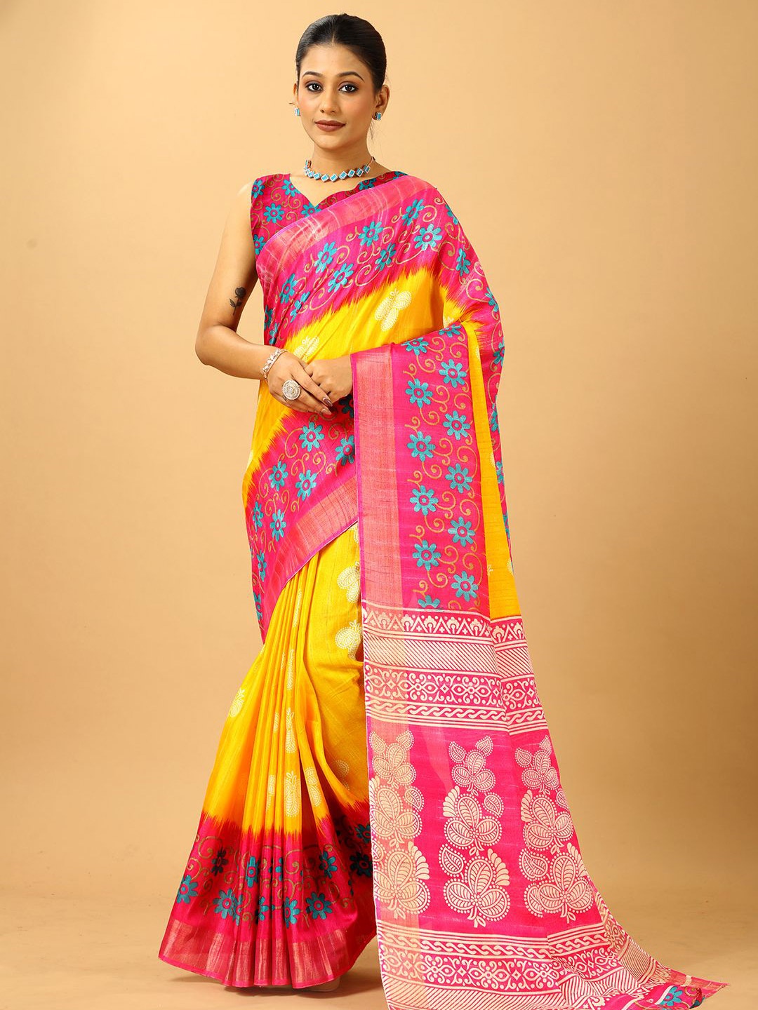 

NIRMAL CREATION Floral Saree, Yellow