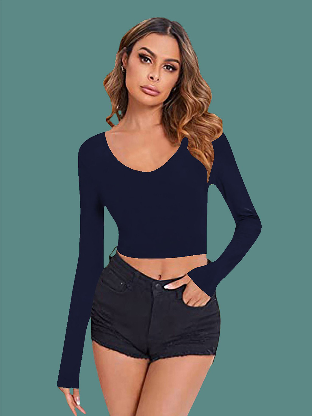 

Dream Beauty Fashion Women Long Sleeves Crop Top, Navy blue