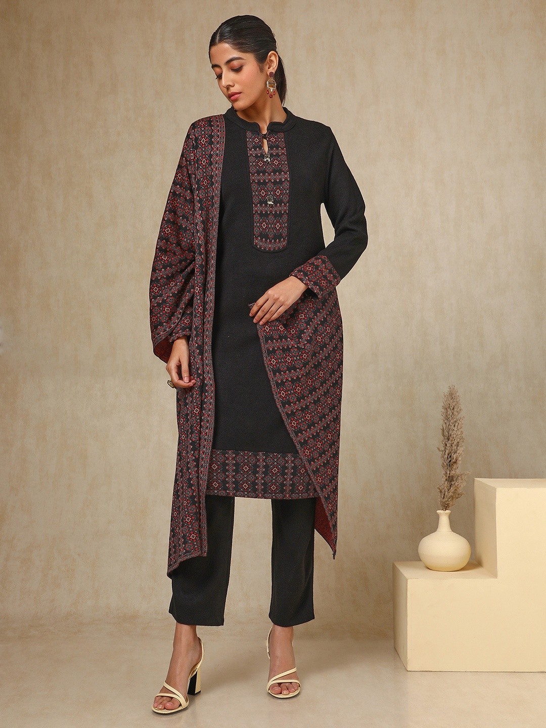 

Soch Black Geometric Woven Design Acrylic Straight Kurta With Trouser & Dupatta