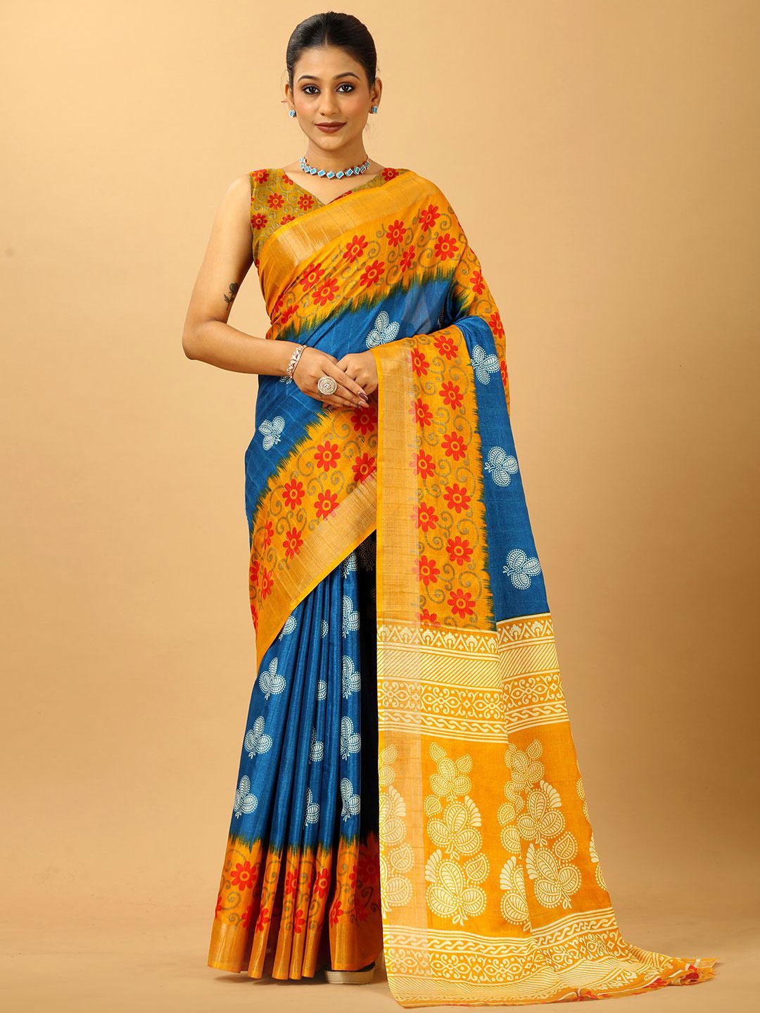 

NIRMAL CREATION Floral Saree, Turquoise blue