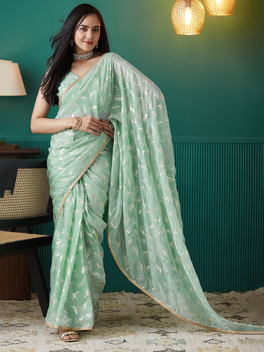 

RACHNA Floral Printed Organza Ready to Wear Saree, Green