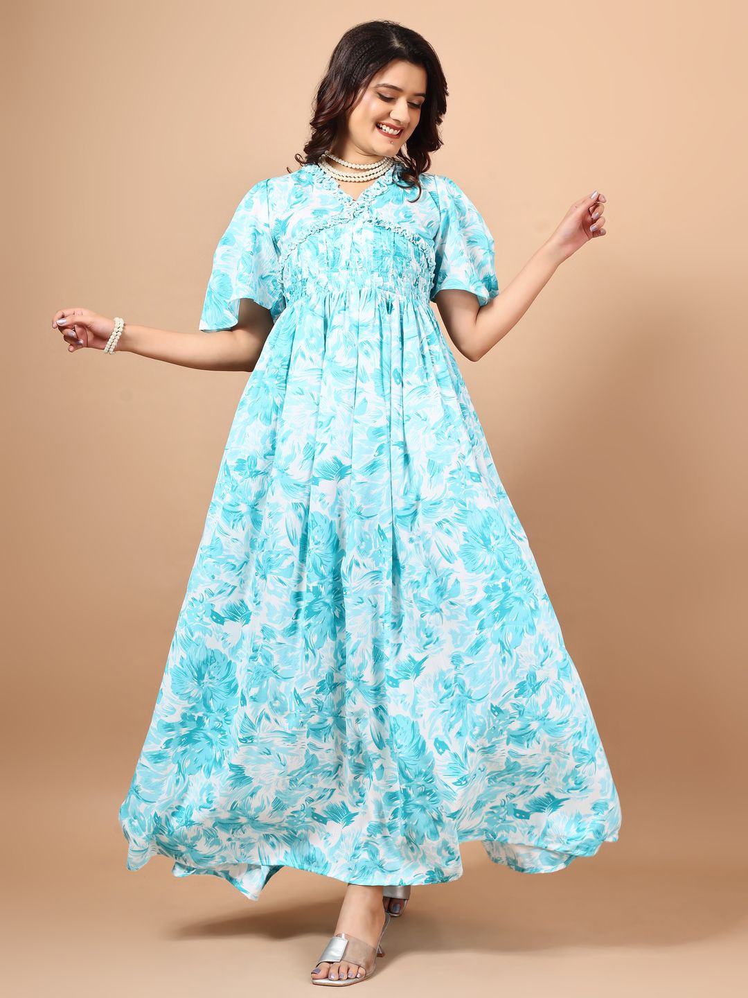 

CORSICA Floral Print Bell Sleeve A-Line Maxi Dress, Blue