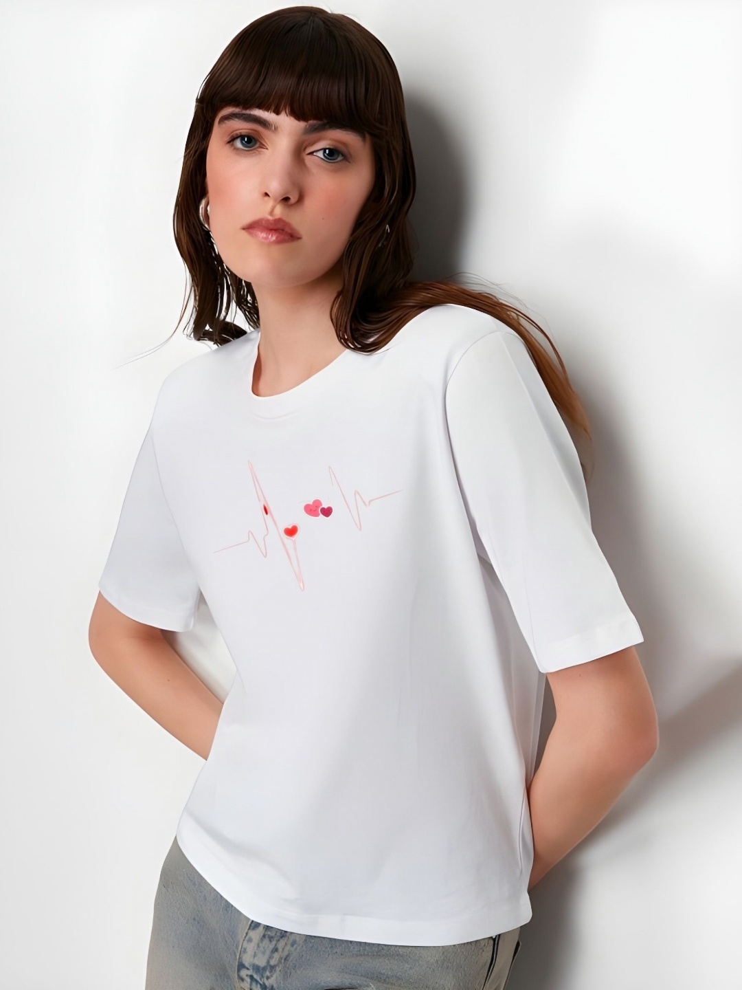 

SZN Women Graphic Printed Round Neck Cotton Boxy T-shirt, White