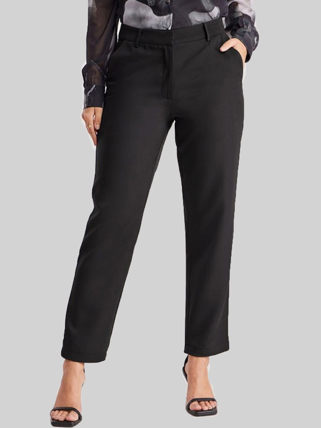 

HERE&NOW Women Straight Fit Mid-Rise Trousers, Black
