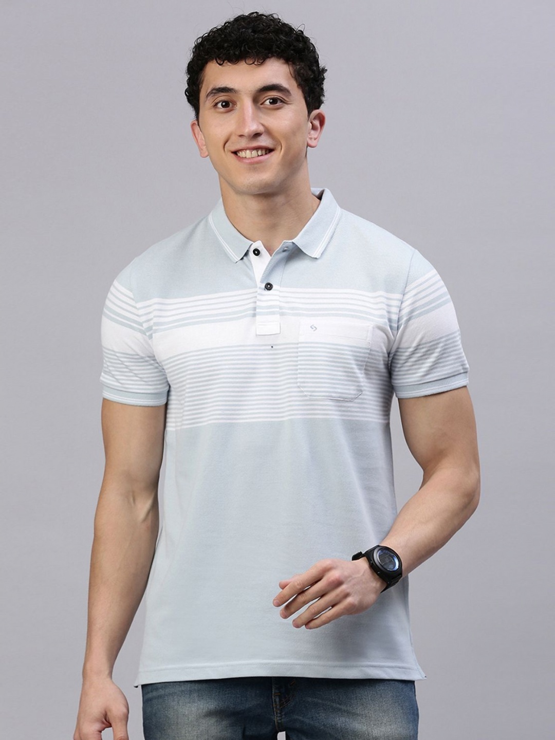

Classic Polo Men Striped Polo Collar Cotton Slim Fit T-shirt, Grey