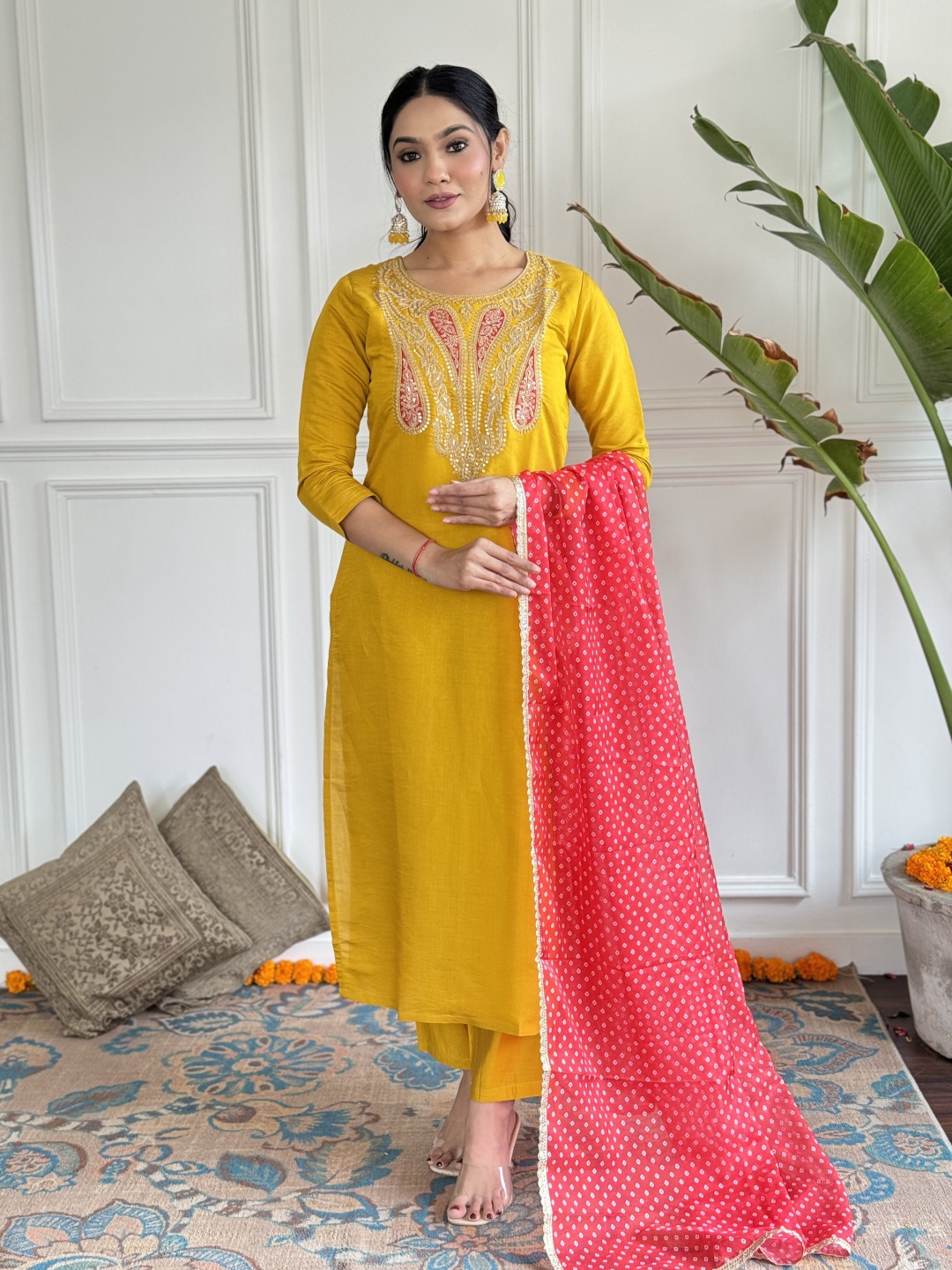 

KALINI Floral Embroidered Zari Work Round Neck Straight Kurta With Trousers & Dupatta, Mustard