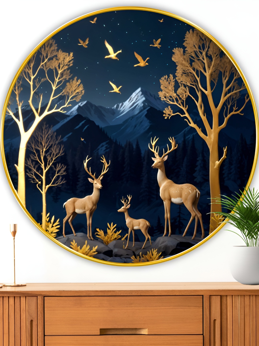 

Myntra Elegant Homes Blue And Brown Deer Family Printed Wood Wall Art