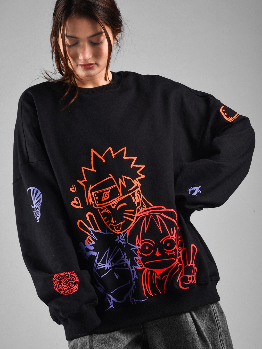 

COMICSENSE Women Naruto One Piece Bleach Anime Printed Drop Shoulder Cotton Sweatshirt, Black