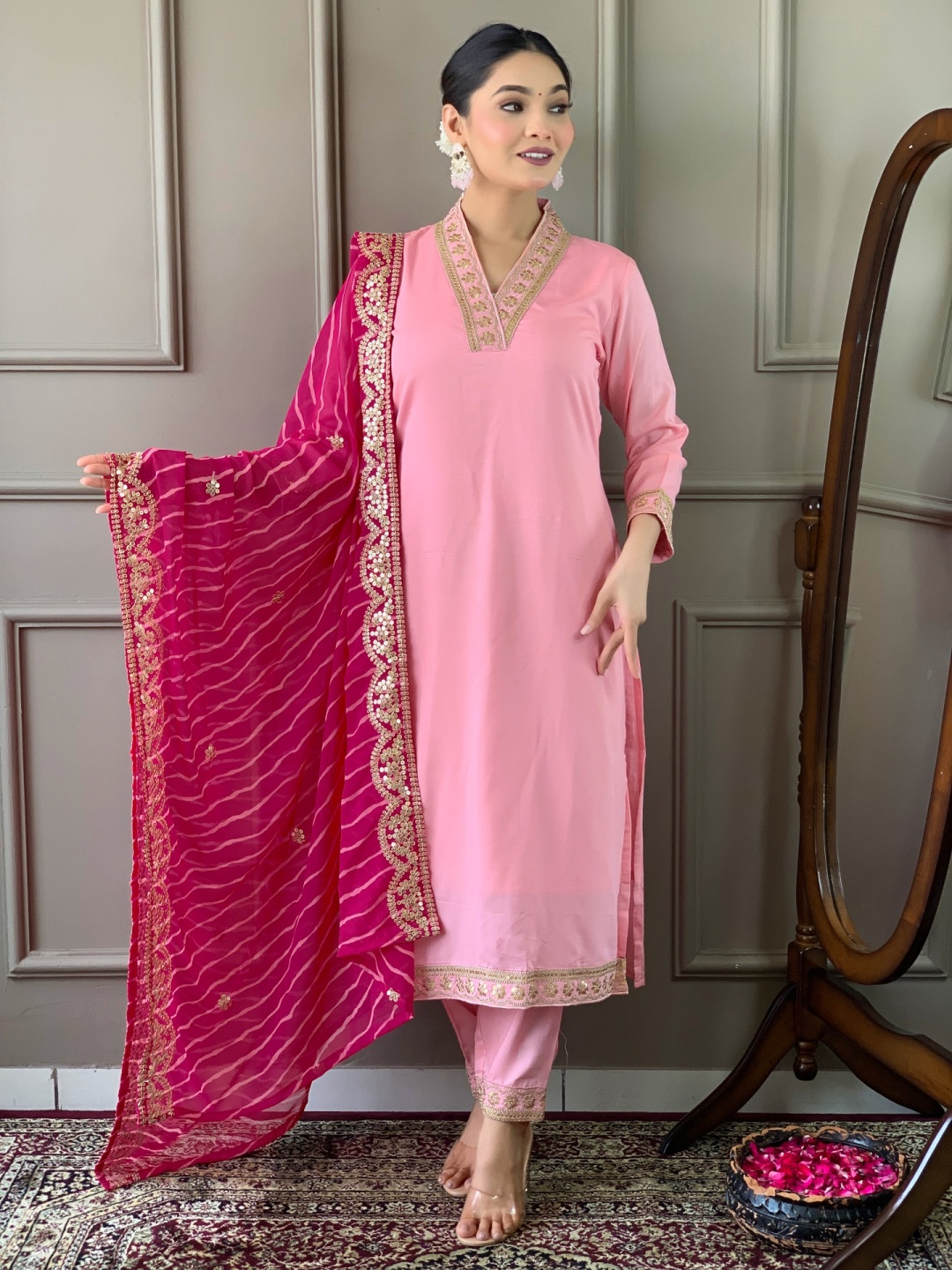 

JAPNAAM Embroidered V Neck Kurta With Trousers & Dupatta, Pink