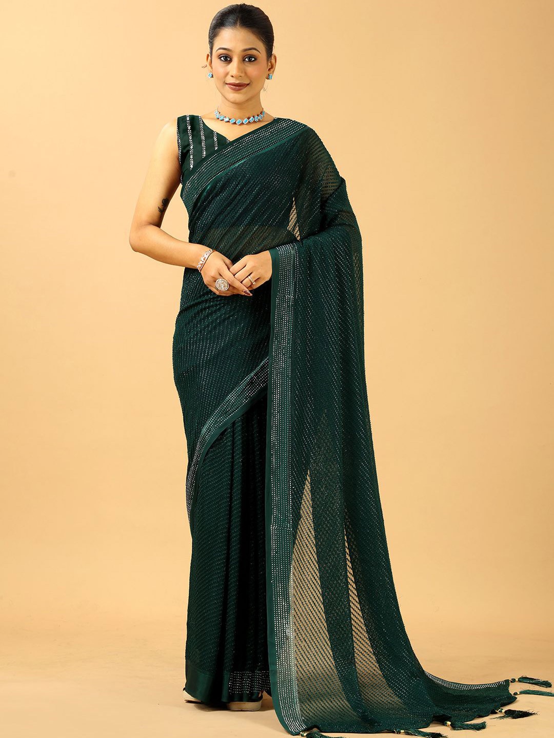 

NIRMAL CREATION Embellished Beads and Stones Pure Chiffon Saree, Green