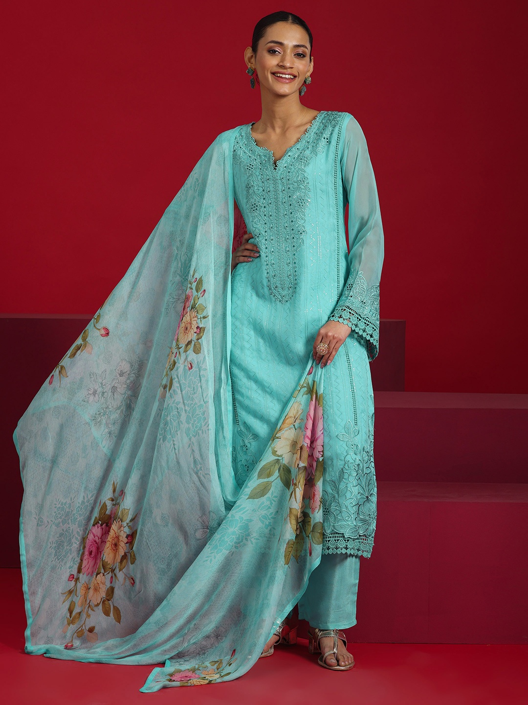 

Libas Art Floral Embroidered Sequinned Organza Straight Kurta With Trousers & Dupatta, Turquoise blue