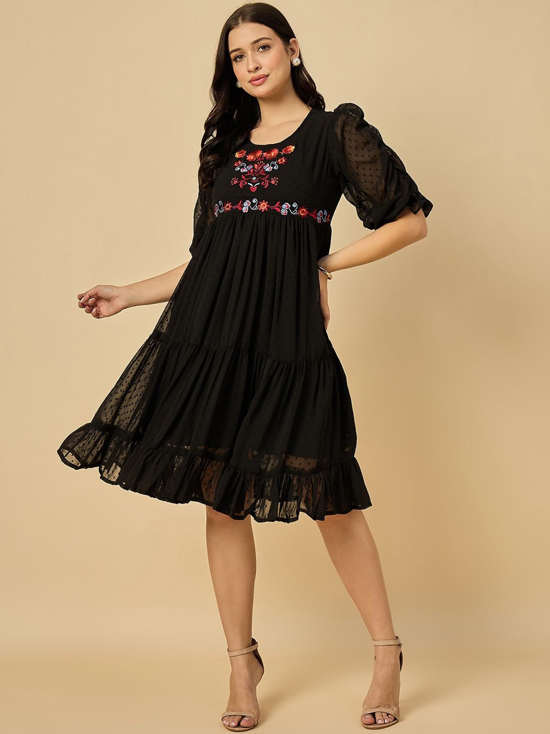 

Azira Embroidered Self Design Gathered or Pleated Fit & Flare Tiered Midi Dress, Black