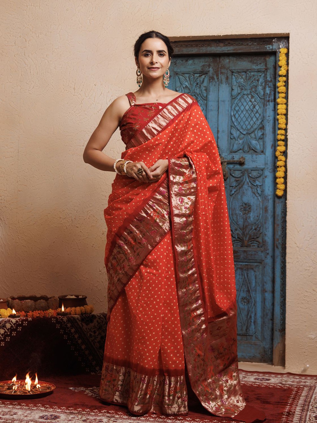 

Geroo Luxe Bandhani Zari Pure Silk Bandhani Saree, Maroon