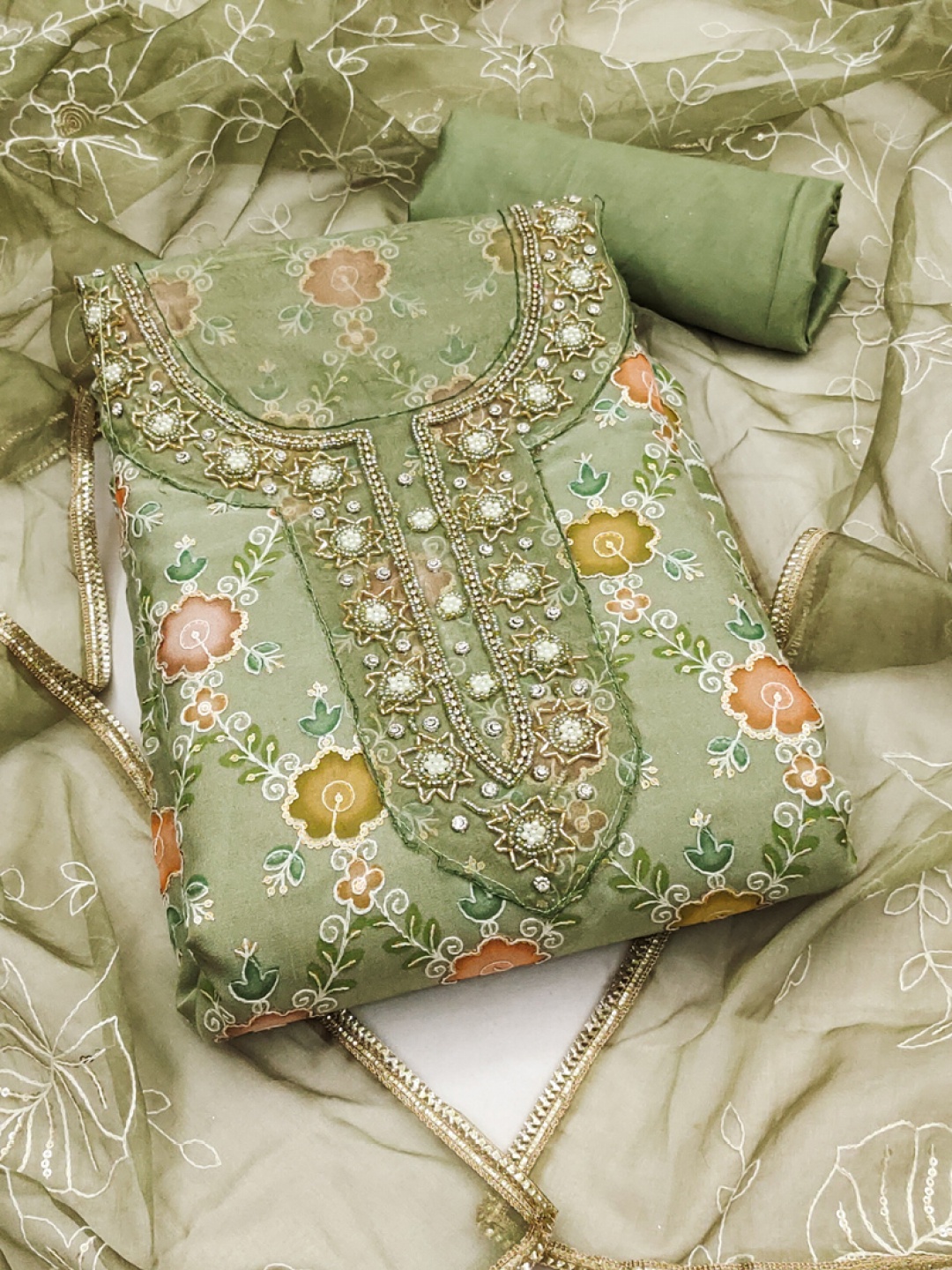 

ASISA Floral Printed Beads And Stones Organza Unstitched Dress Material, Sea green
