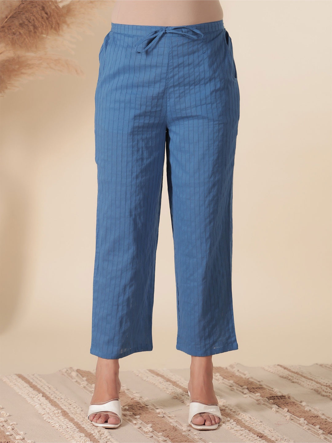 

Aramya Women Regular Fit Mid-Rise Cotton Trouser, Blue