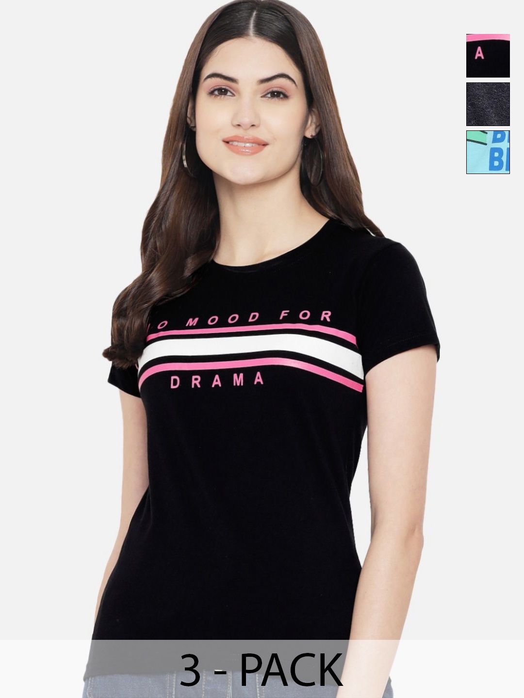 

Dreambe Women Pack Of 3 Graphic Printed Round Neck Cotton T-shirts, Black