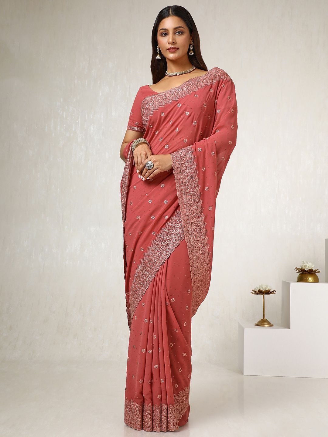 

Soch Floral Embroidered Pure Georgette Saree With Stone Work, Peach