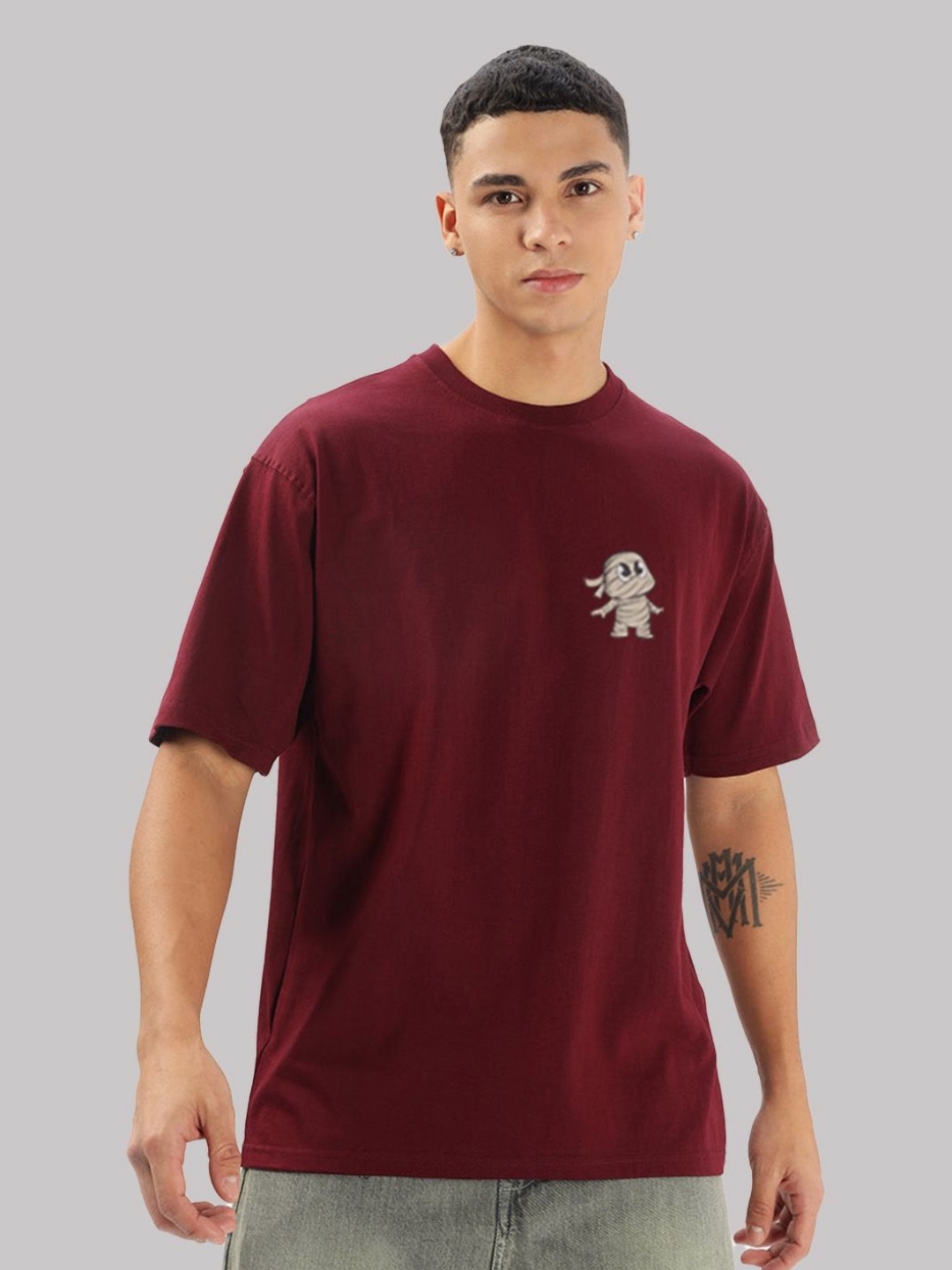 

BDSQUARE Men Printed Drop-Shoulder Sleeves T-shirt, Maroon