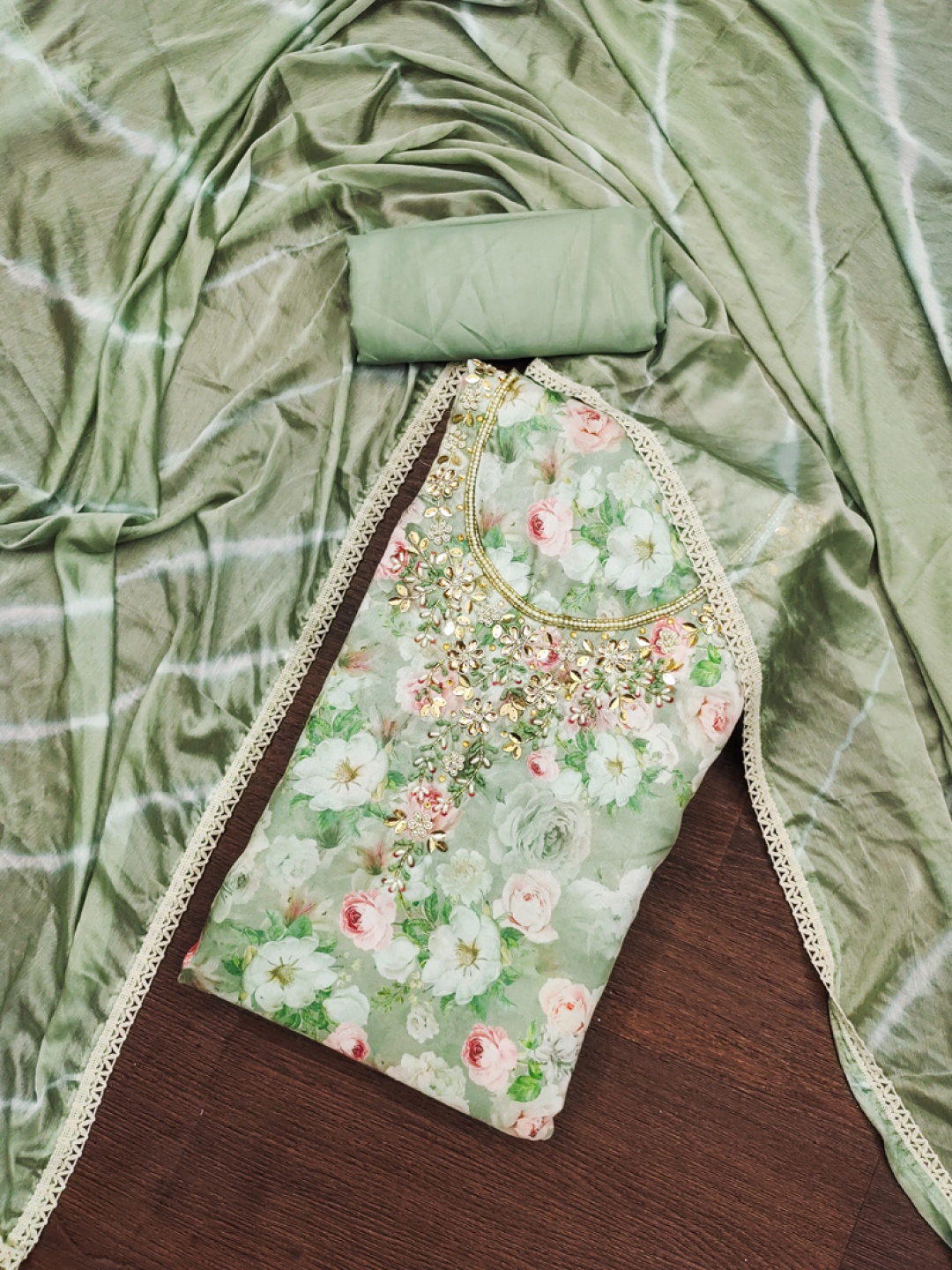 

ASISA Floral Printed Beads And Stones Unstitched Dress Material, Green