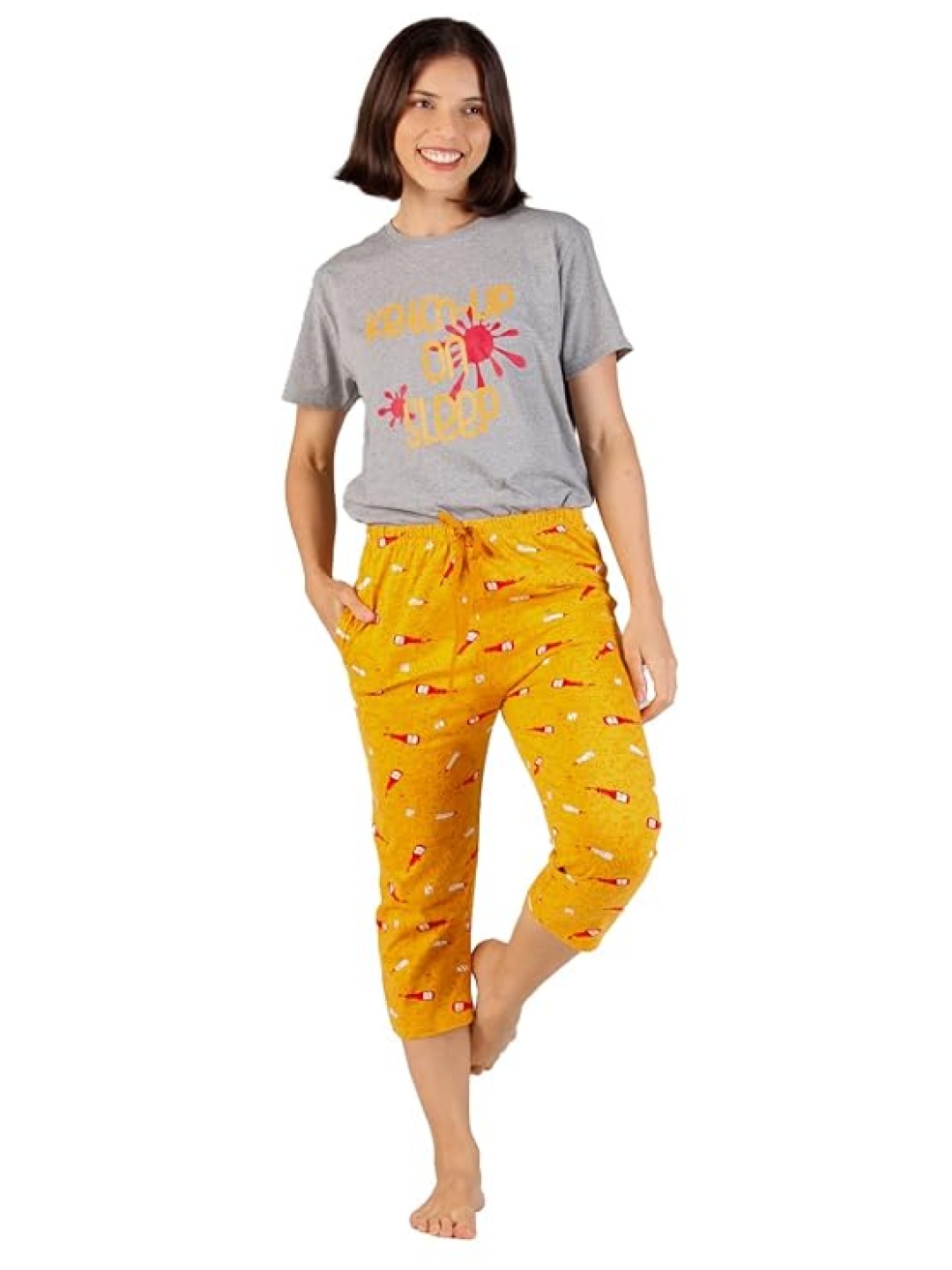 

evolove Women Abstract Printed Pure Cotton Night suit, Mustard