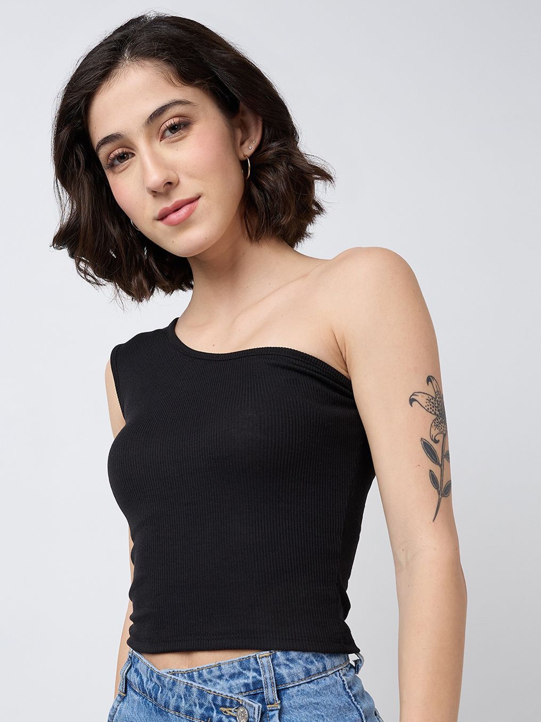 

SZN Women One Shoulder Fitted Crop Top, Black