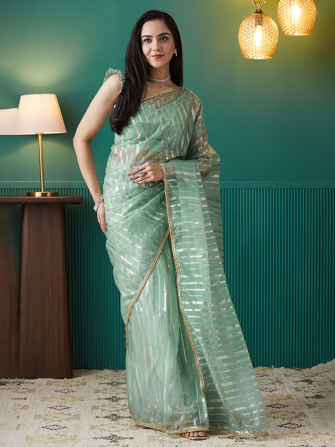 

RACHNA Striped Organza Ready to Wear Saree, Green