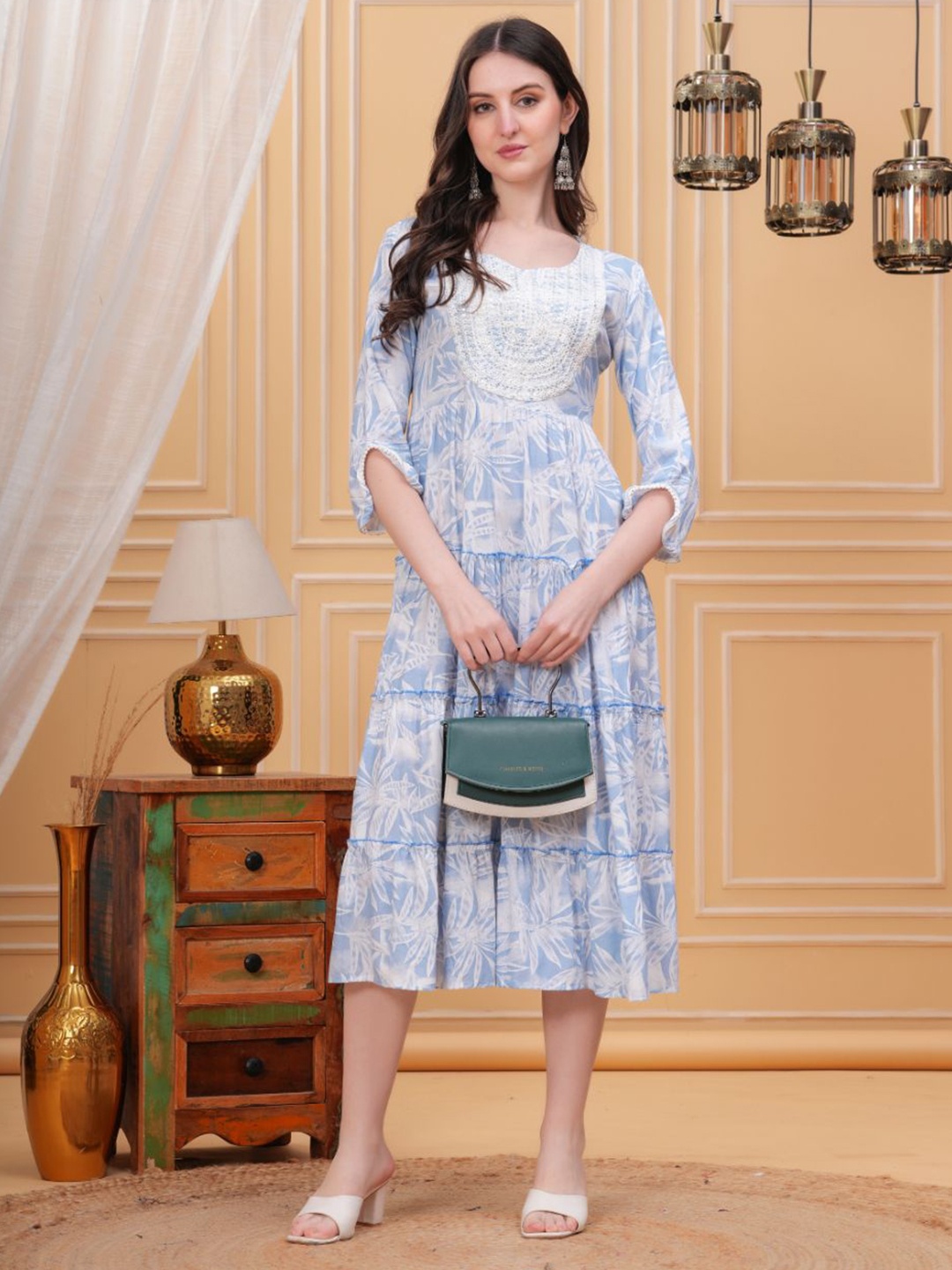 

JC4U Floral Embroidered Cotton Fit & Flare Dress, Blue