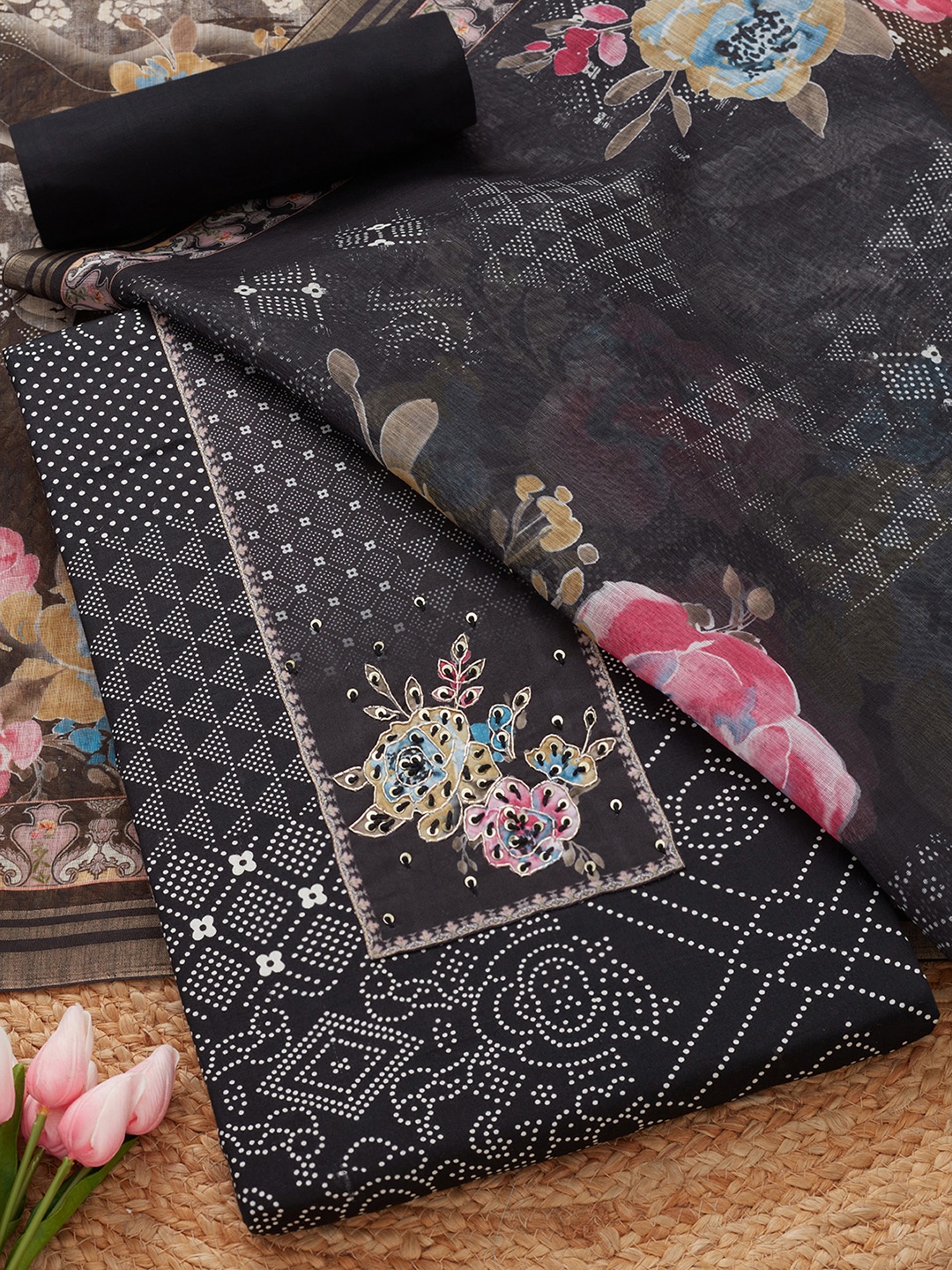 

Soch Floral Embroidered Sequinned Unstitched Dress Material, Black