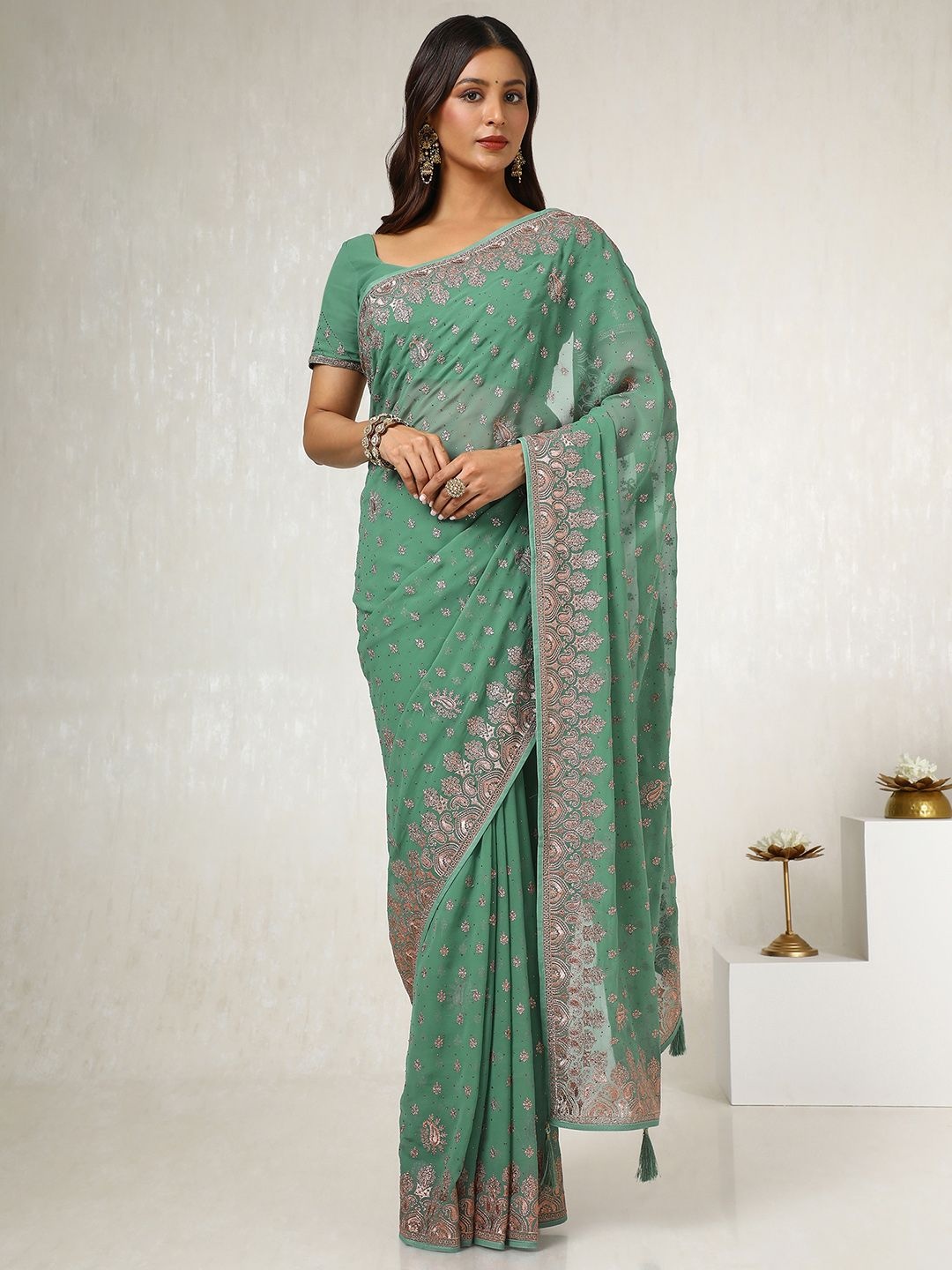 

Soch Floral Beads and Stones Pure Georgette Saree, Green