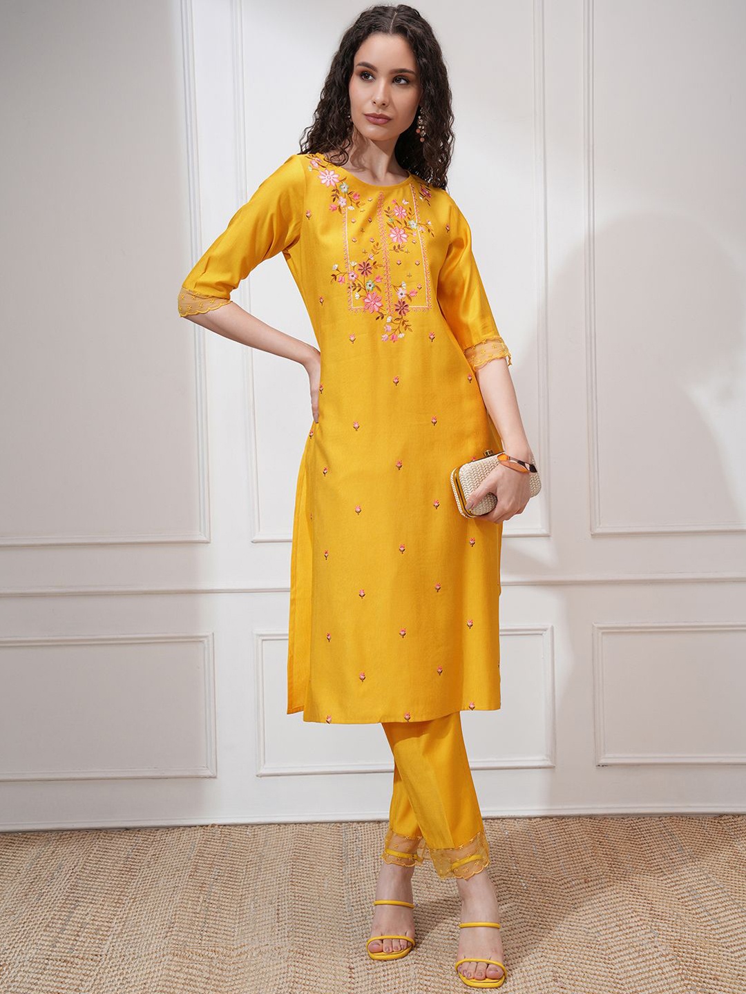 

Vishudh Women Embroidered Straight Kurta With Slim Pants And Printed Dupatta, Mustard