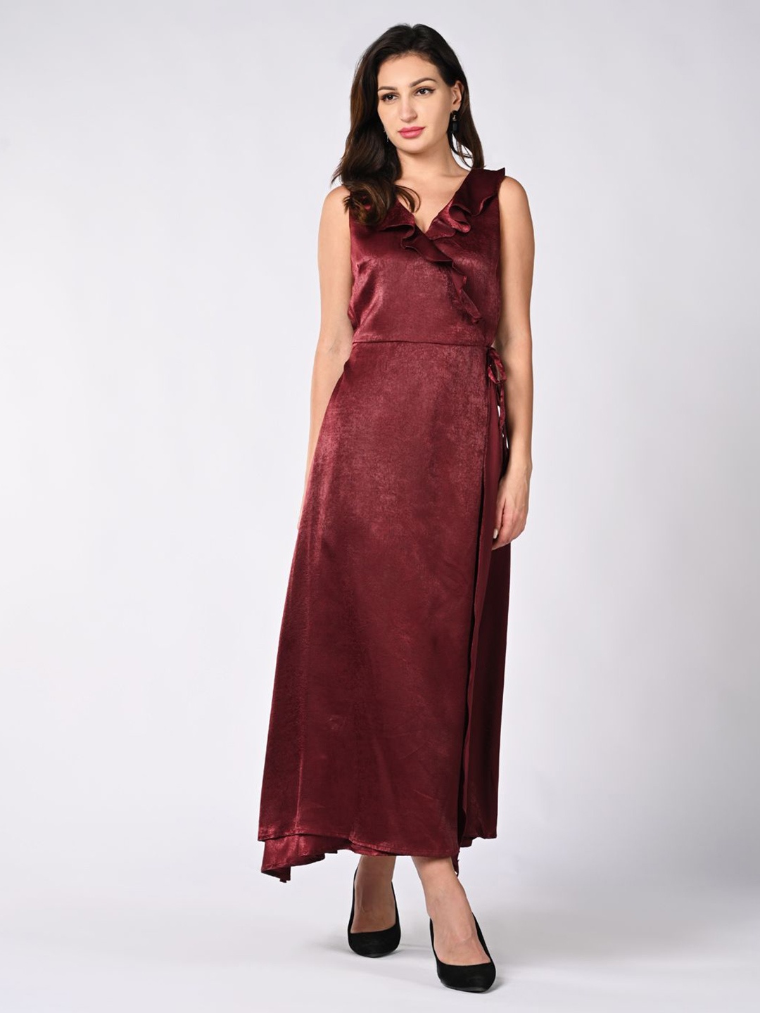 

Iti Women V-Neck Ruffled Fit & Flare Maxi Dress, Maroon