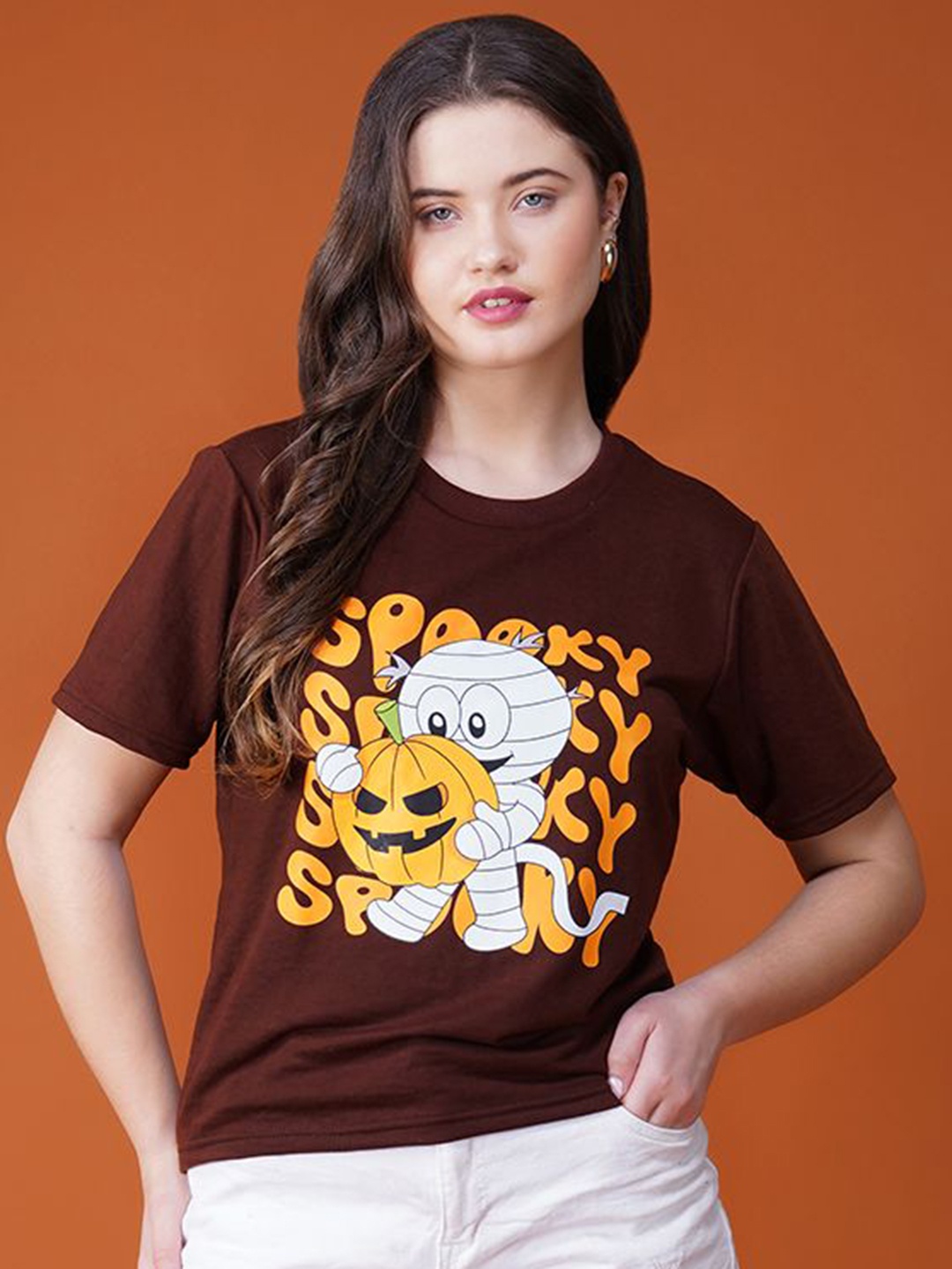 

Lagashi Women Graphic Printed Round Neck Cotton T-shirt, Coffee brown