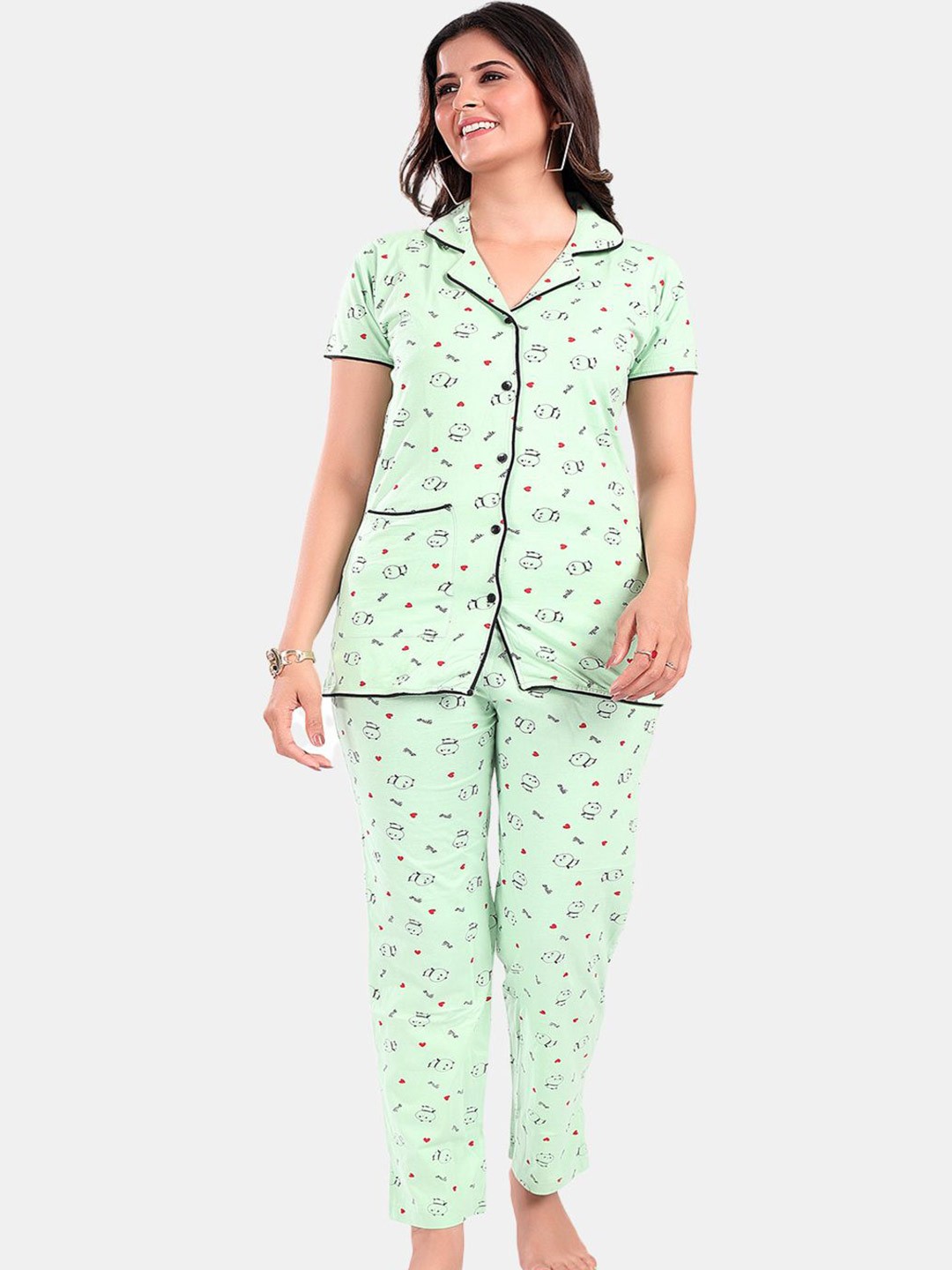 

SWEET MOON Printed Shirt With Pyjama Night suit, Green