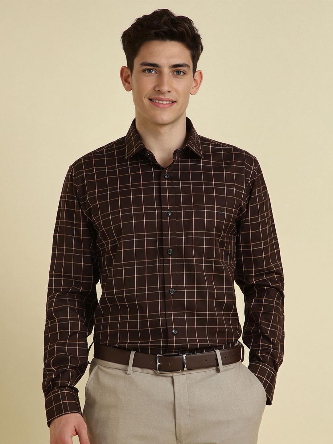 

Allen Solly Men Spread Collar Grid Tattersall Checked Cotton Formal Shirt, Brown