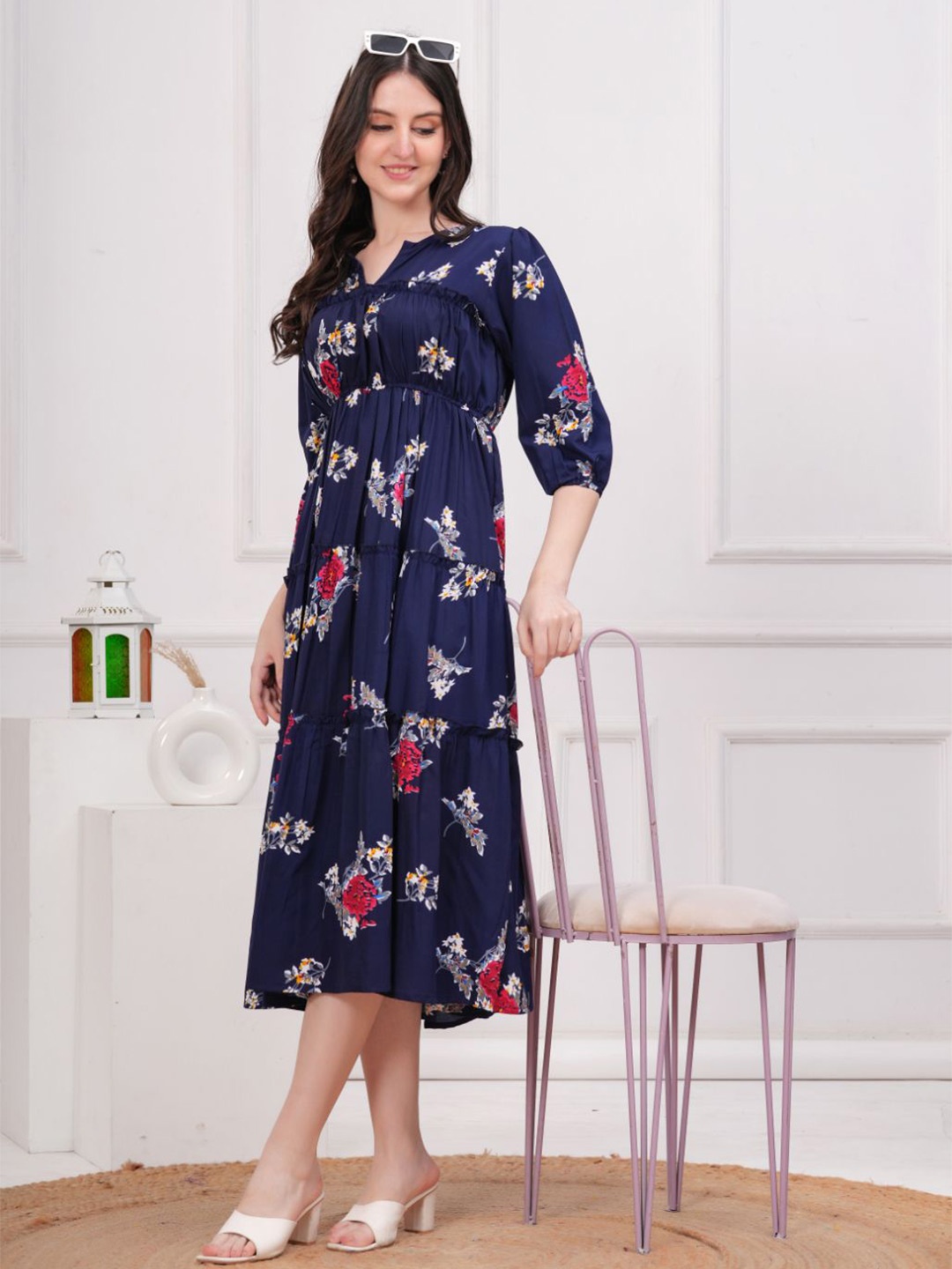 

JC4U Women Floral Printed Mandarin Collar Fit & Flare Midi Dress, Navy blue