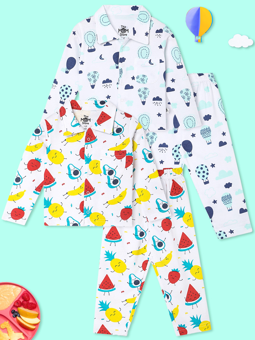 

The Mom Store Kids Pack of 2 Pure Cotton Printed Night suit, White