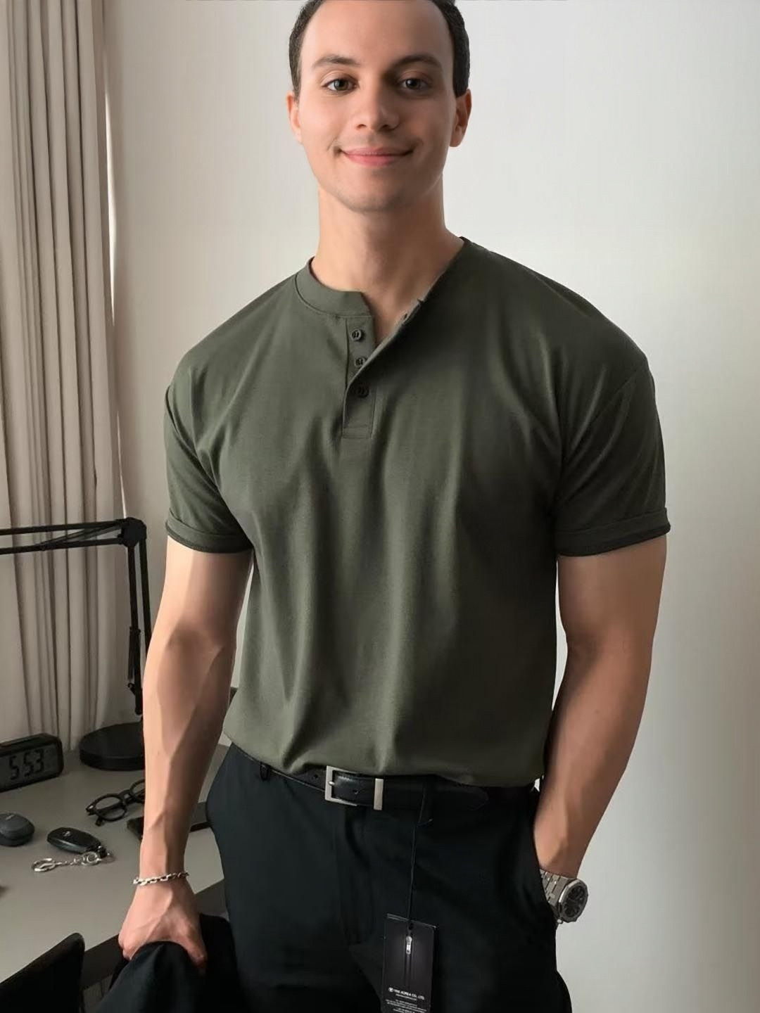 

StyleCast Men Solid Mandarin Collar Cotton T-shirt, Olive