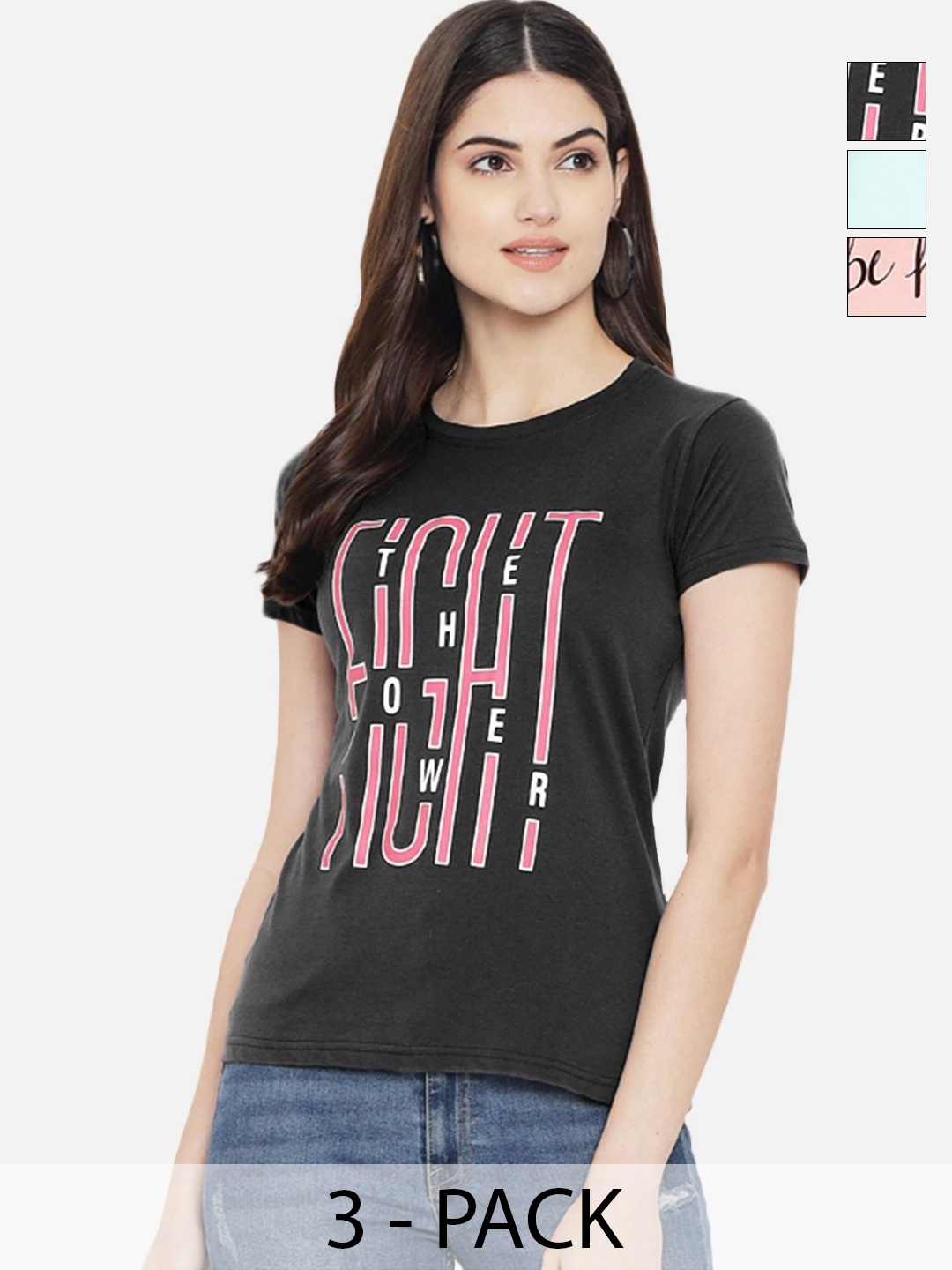 

Dreambe Women Pack Of 3 Typography Printed Round Neck Cotton T-shirts, Peach